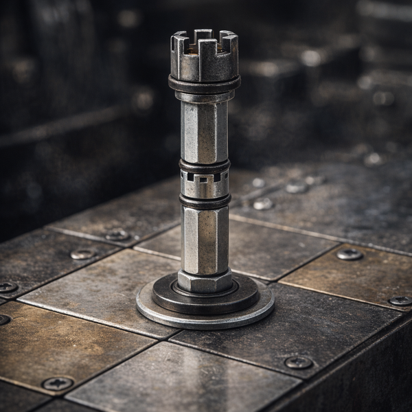 Šachový král z kovových součástek — industriální figurka Steel Gambit, tmavá sada