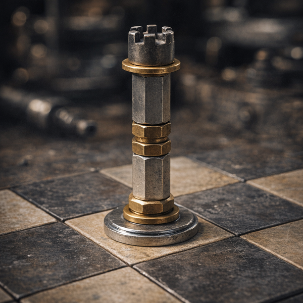 Šachový král z kovových součástek — industriální figurka Steel Gambit, světlá sada