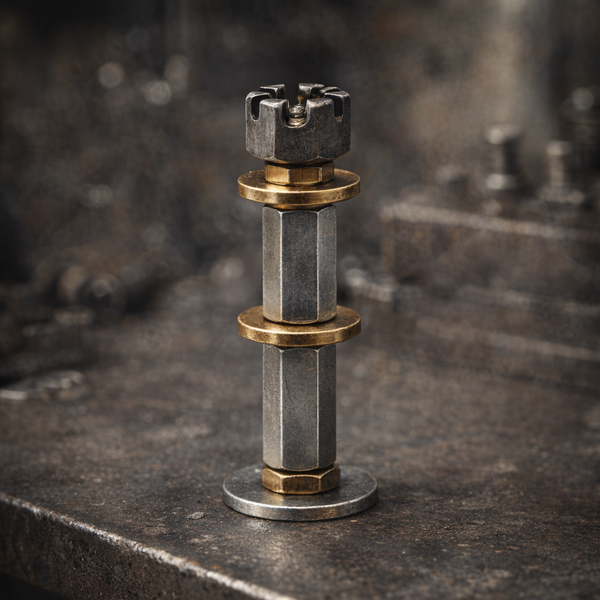 Šachová věž z kovových součástek — industriální figurka Steel Gambit, světlá sada